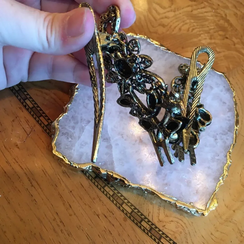 TWO BLACK Stone Jeweled Hair Clips